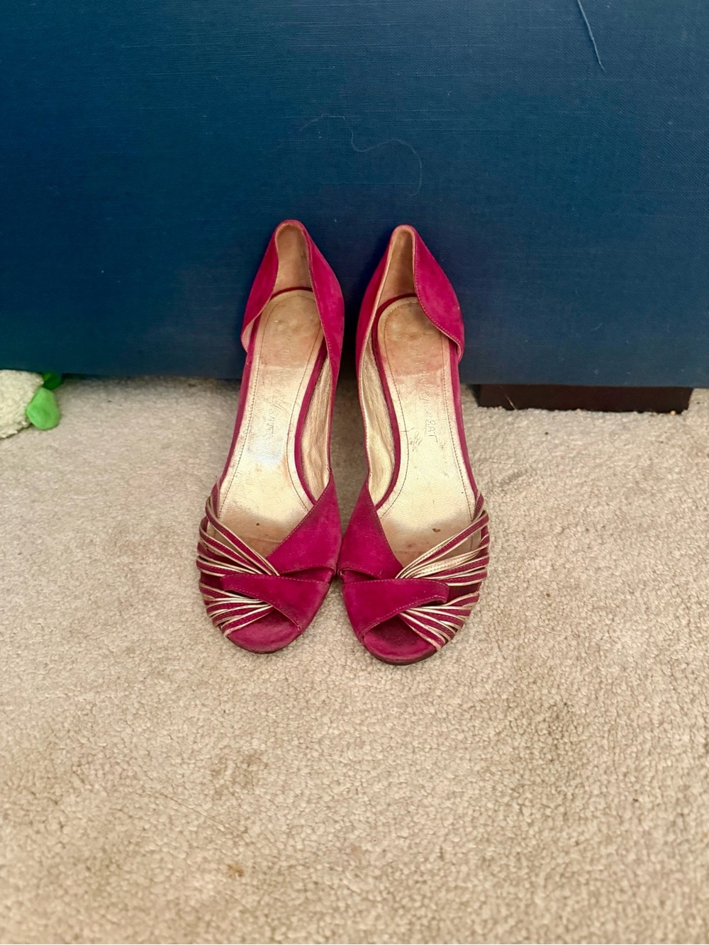 Women's Magenta Suede Peep-Toe Heels with Gold Trim